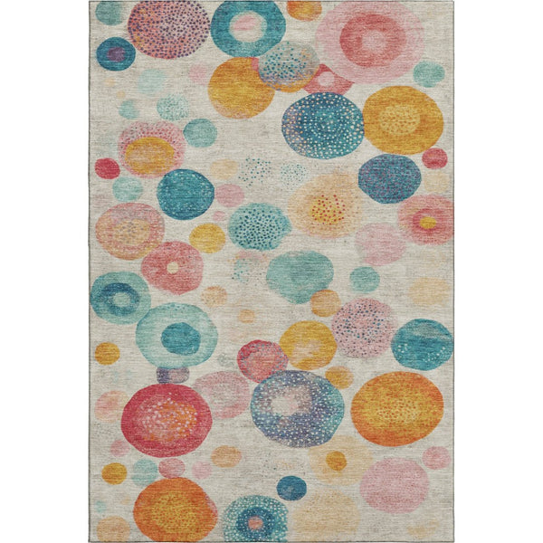 HomeRoots 8' Durable Beige, Teal & Orange Geometric Round Rug – Washable, UV-Protected, Non-Slip & Stylish! 707290