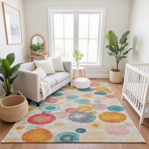 HomeRoots 8' Durable Beige, Teal & Orange Geometric Round Rug – Washable, UV-Protected, Non-Slip & Stylish! 707290
