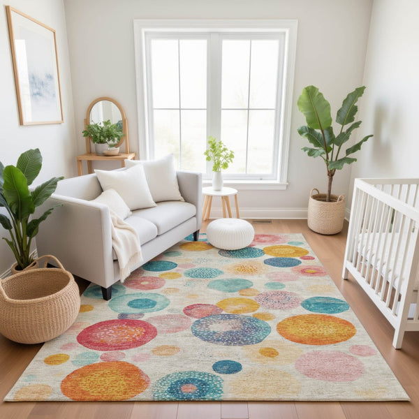 HomeRoots 8' Durable Beige, Teal & Orange Geometric Round Rug – Washable, UV-Protected, Non-Slip & Stylish! 707290