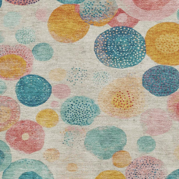 HomeRoots 8' Durable Beige, Teal & Orange Geometric Round Rug – Washable, UV-Protected, Non-Slip & Stylish! 707290