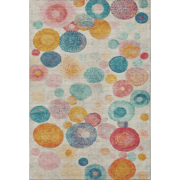 HomeRoots 8' Durable Beige, Teal & Orange Geometric Round Rug – Washable, UV-Protected, Non-Slip & Stylish! 707290