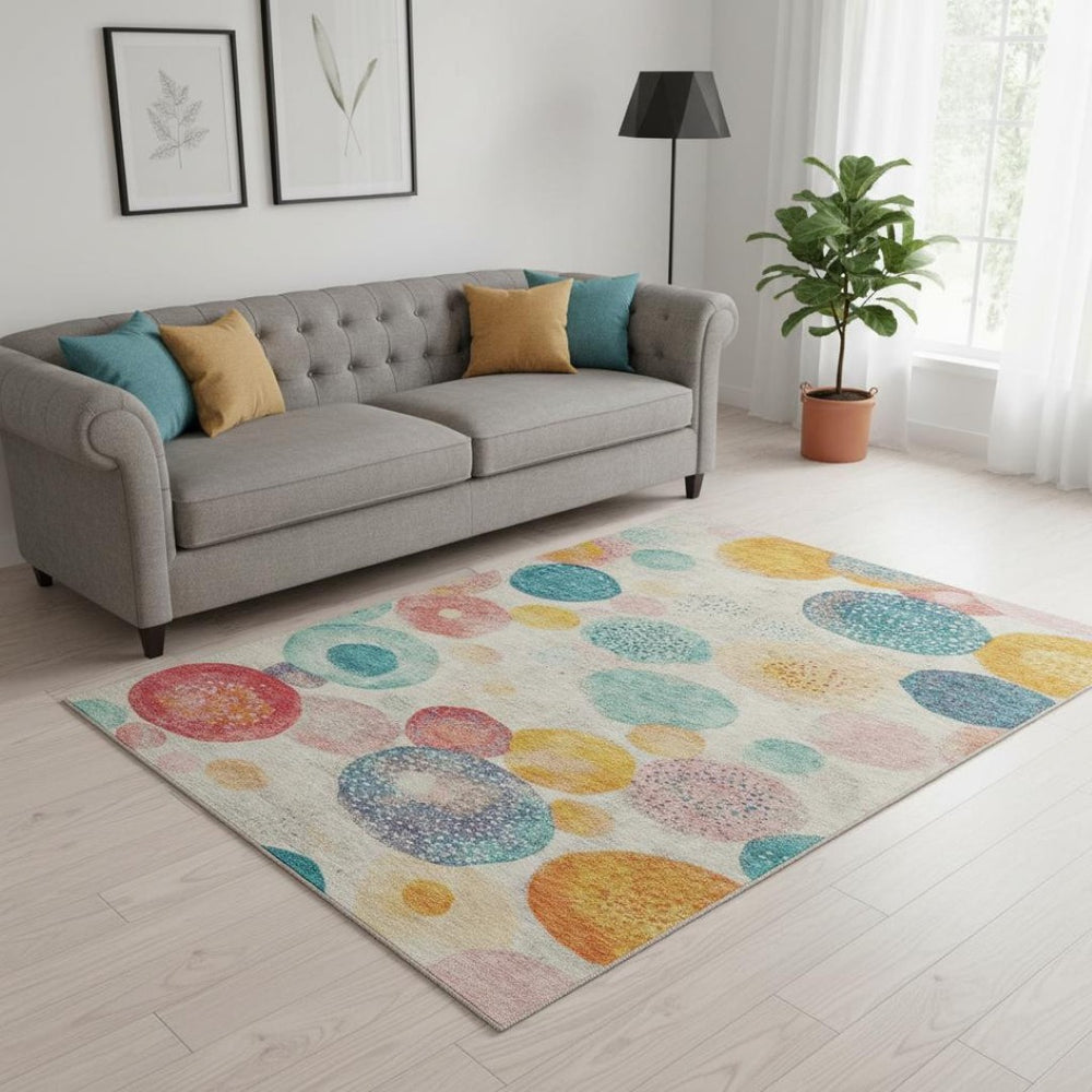 HomeRoots 8' X 10' Washable Geometric Area Rug in Beige, Teal & Orange - Durable, UV Protected & Stylish! 707291