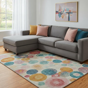 HomeRoots 9' X 12' Modern Geometric Beige Teal & Orange Area Rug - Washable, UV Protected, Durable Design! 707292