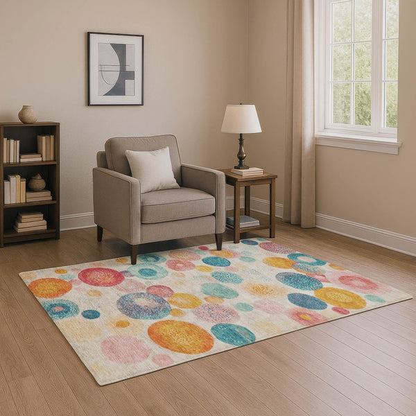 HomeRoots 9' X 12' Modern Geometric Beige Teal & Orange Area Rug - Washable, UV Protected, Durable Design! 707292