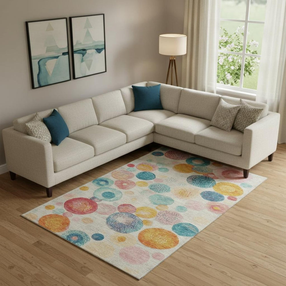 HomeRoots 10' X 14' Beige Teal Orange Geometric Area Rug - Washable, UV Protected, Pet-Friendly, Stylish Décor 707293