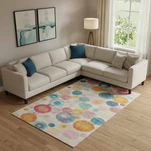 HomeRoots 10' X 14' Beige Teal Orange Geometric Area Rug - Washable, UV Protected, Pet-Friendly, Stylish Décor 707293