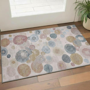 HomeRoots 5' X 8' Blush Beige & Blue Geometric Area Rug – Durable, Washable, UV-Protected for Modern Homes! 707295