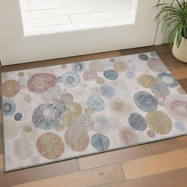 HomeRoots 5' X 8' Blush Beige & Blue Geometric Area Rug – Durable, Washable, UV-Protected for Modern Homes! 707295