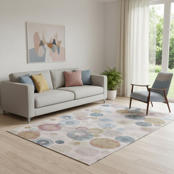 HomeRoots 8' Blush Beige & Blue Geometric Round Rug - Washable, Pet-Friendly, UV Protected, Non-Slip Design 707296