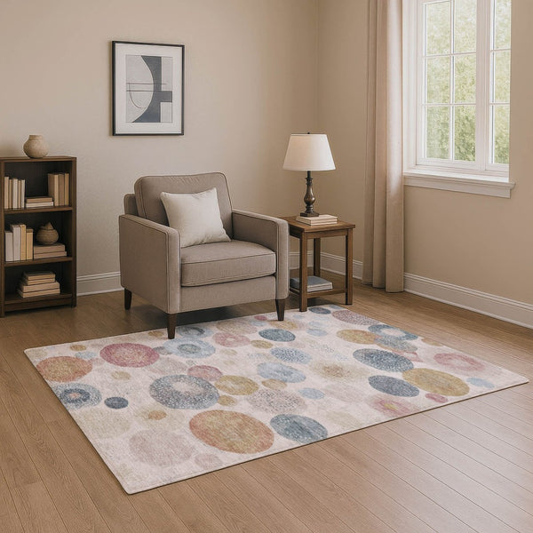 HomeRoots 8' Blush Beige & Blue Geometric Round Rug - Washable, Pet-Friendly, UV Protected, Non-Slip Design 707296