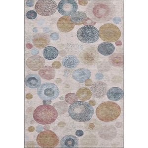 HomeRoots 8' Blush Beige & Blue Geometric Round Rug - Washable, Pet-Friendly, UV Protected, Non-Slip Design 707296