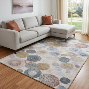 HomeRoots 9' X 12' Blush Beige & Blue Geometric Area Rug - Washable, UV Protected, Family-Friendly Design 707298