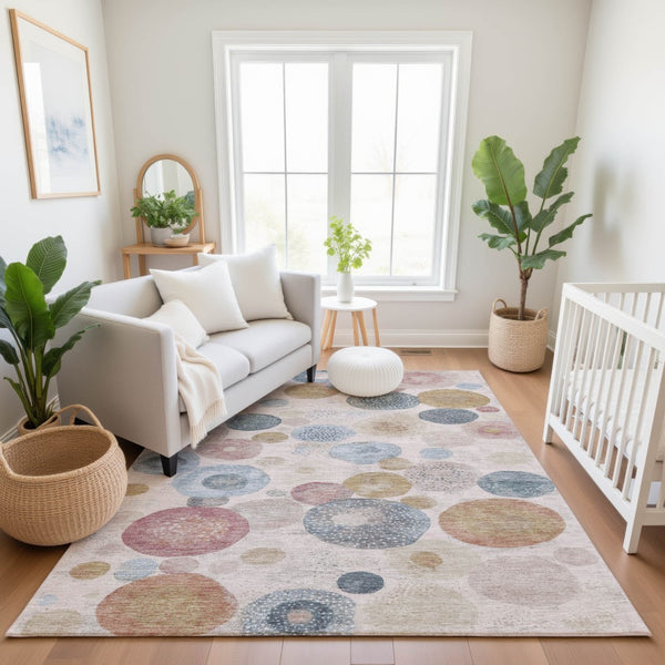 HomeRoots 9' X 12' Blush Beige & Blue Geometric Area Rug - Washable, UV Protected, Family-Friendly Design 707298
