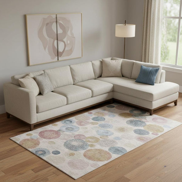 HomeRoots 10' X 14' Blush Beige & Blue Geometric Area Rug – Washable, UV-Protected & Stain-Resistant Design 707299