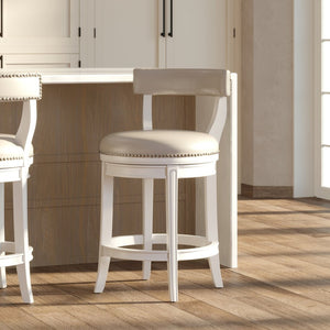 English Elm 26" Counter Height Swivel Barstool Woven Linen Seat Nailhead Trim Solid Wood Frame White B2751P436450