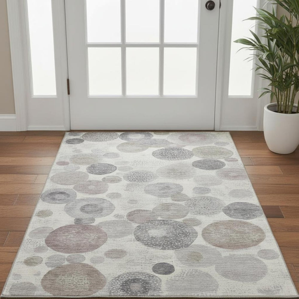 HomeRoots 5' X 8' Washable Ivory, Gray & Silver Geometric Area Rug with UV Protection for Modern Homes 707301