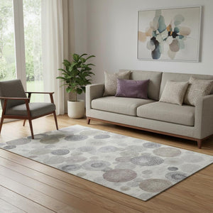 HomeRoots 8' Stylish Ivory Gray and Silver Geometric Washable Round Rug with UV Protection for Homes & Pets 707302