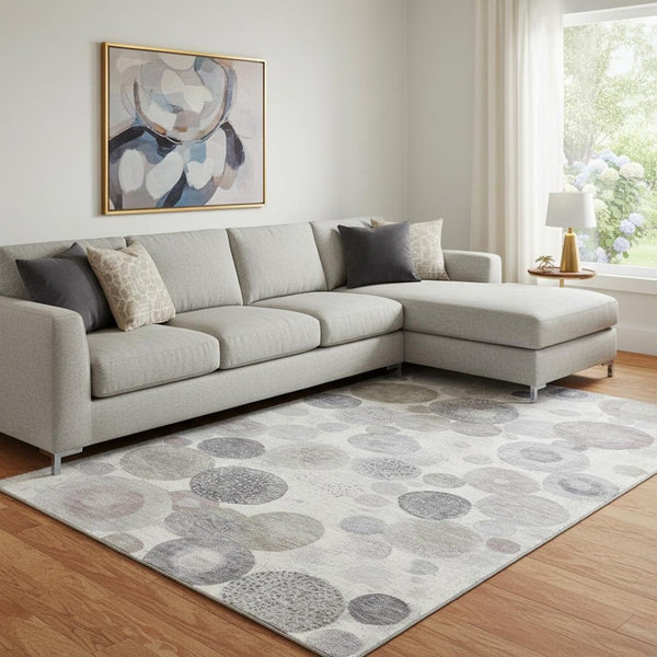 HomeRoots 9' X 12' Ivory Gray Silver Geometric Area Rug - Washable, UV-Protected, Perfect for High-Traffic Spaces! 707304