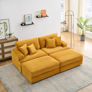 English Elm 82 Inch Orange Corduroy Sofa With 2 Storage Footstools & 4 Toss Pillows – Stylish Comfort For Any Space W1658S00113