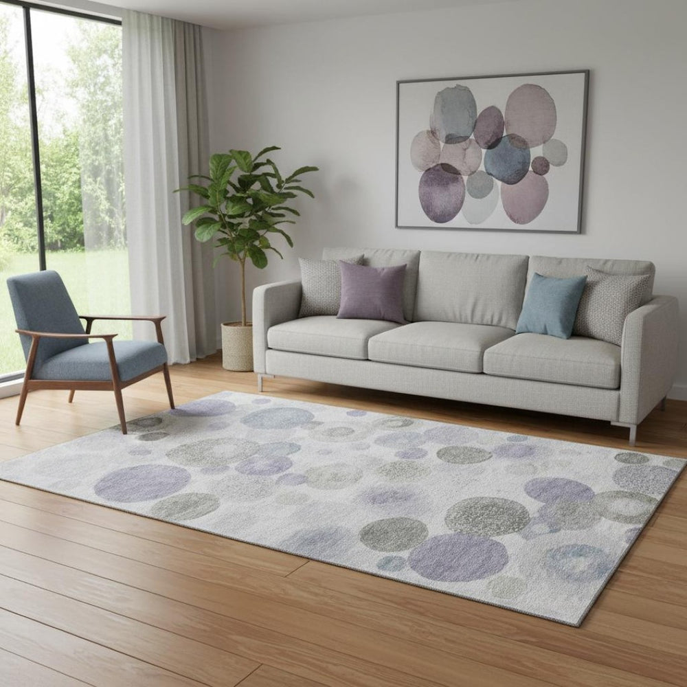 HomeRoots 8' Stylish Lavender Gray & Silver Geometric Washable Round Rug with UV Protection & Non-Slip Backing 707308