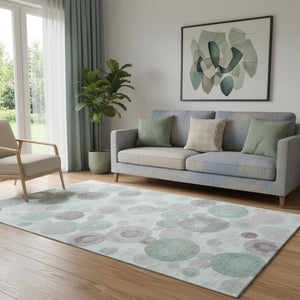 HomeRoots 8' Modern Mint Green, Gray & Silver Geometric Washable Round Rug with UV Protection & Non-Slip Backing 707314