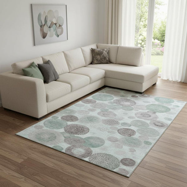 HomeRoots 9' X 12' Modern Mint Green, Gray & Silver Geometric Area Rug - Washable, UV Protected, Pet Friendly! 707316