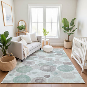 HomeRoots 9' X 12' Modern Mint Green, Gray & Silver Geometric Area Rug - Washable, UV Protected, Pet Friendly! 707316
