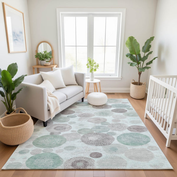HomeRoots 9' X 12' Modern Mint Green, Gray & Silver Geometric Area Rug - Washable, UV Protected, Pet Friendly! 707316