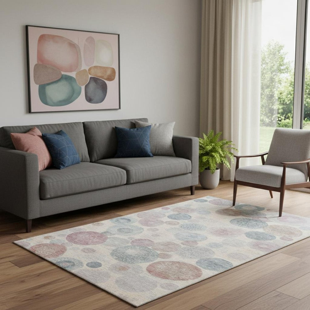 HomeRoots 8' Stylish Peach, Gray & Silver Geometric Round Rug - Washable, UV Protected & Stain Resistant Design 707320