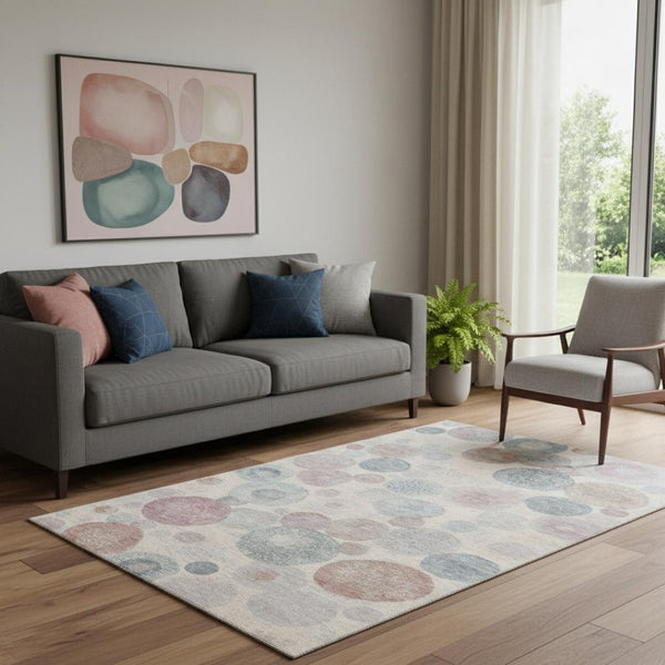 HomeRoots 8' Stylish Peach, Gray & Silver Geometric Round Rug - Washable, UV Protected & Stain Resistant Design 707320