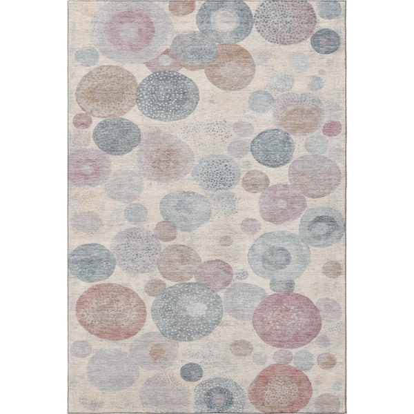 HomeRoots 8' Stylish Peach, Gray & Silver Geometric Round Rug - Washable, UV Protected & Stain Resistant Design 707320