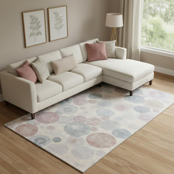HomeRoots 10' X 14' Peach Gray Silver Geometric Area Rug - Washable, UV-Protected, Durable for Busy Homes! 707323