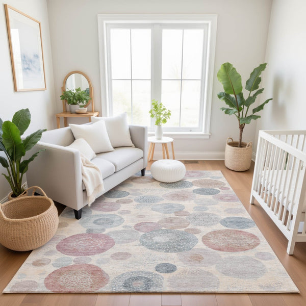HomeRoots 10' X 14' Peach Gray Silver Geometric Area Rug - Washable, UV-Protected, Durable for Busy Homes! 707323