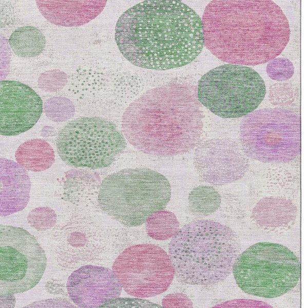 HomeRoots 8' Pink Green and Ivory Geometric Round Rug – Washable, UV-Protected, Durable, and Stylish Design 707326