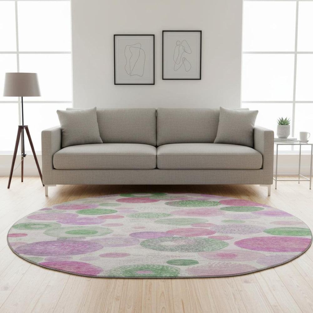 HomeRoots 8' X 10' Washable Geometric Area Rug in Pink, Green & Ivory - UV Protected, Kid & Pet Friendly! 707327