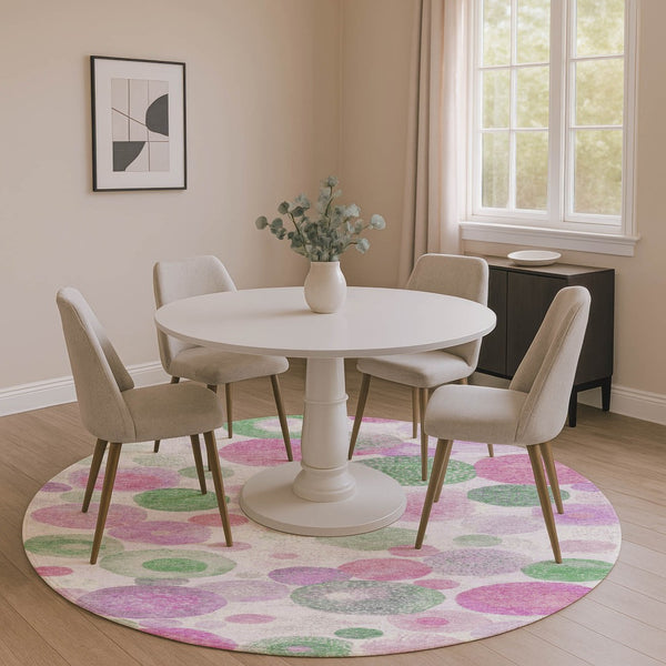 HomeRoots 8' X 10' Washable Geometric Area Rug in Pink, Green & Ivory - UV Protected, Kid & Pet Friendly! 707327
