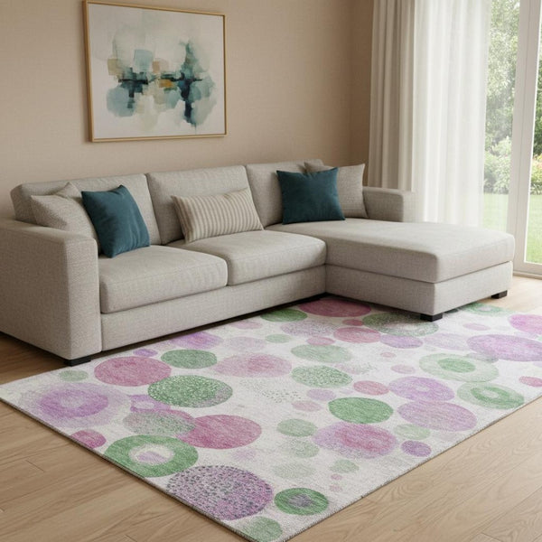 HomeRoots 9' X 12' Stylish Pink, Green & Ivory Geometric Area Rug – Washable, UV Protected & Durable Design 707328