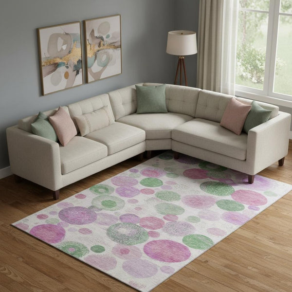 HomeRoots 10' Stylish Pink, Green & Ivory Geometric Washable Area Rug with UV Protection – Perfect for Any Room! 707329