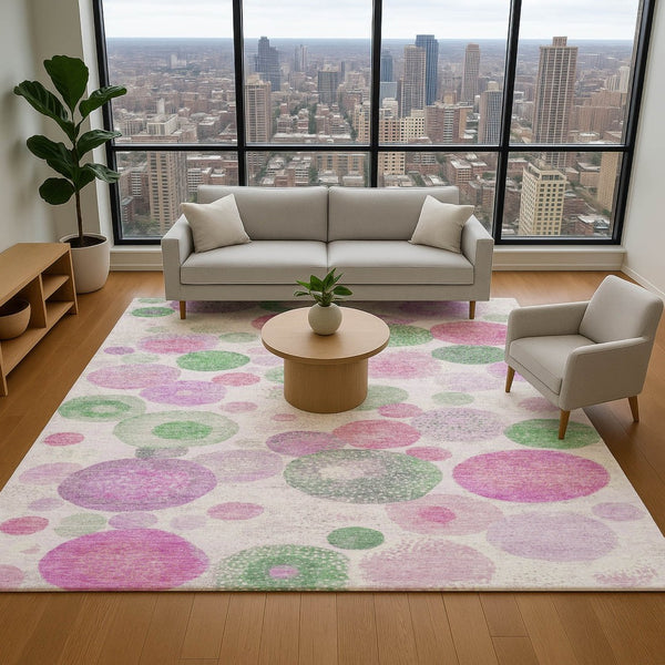 HomeRoots 10' Stylish Pink, Green & Ivory Geometric Washable Area Rug with UV Protection – Perfect for Any Room! 707329