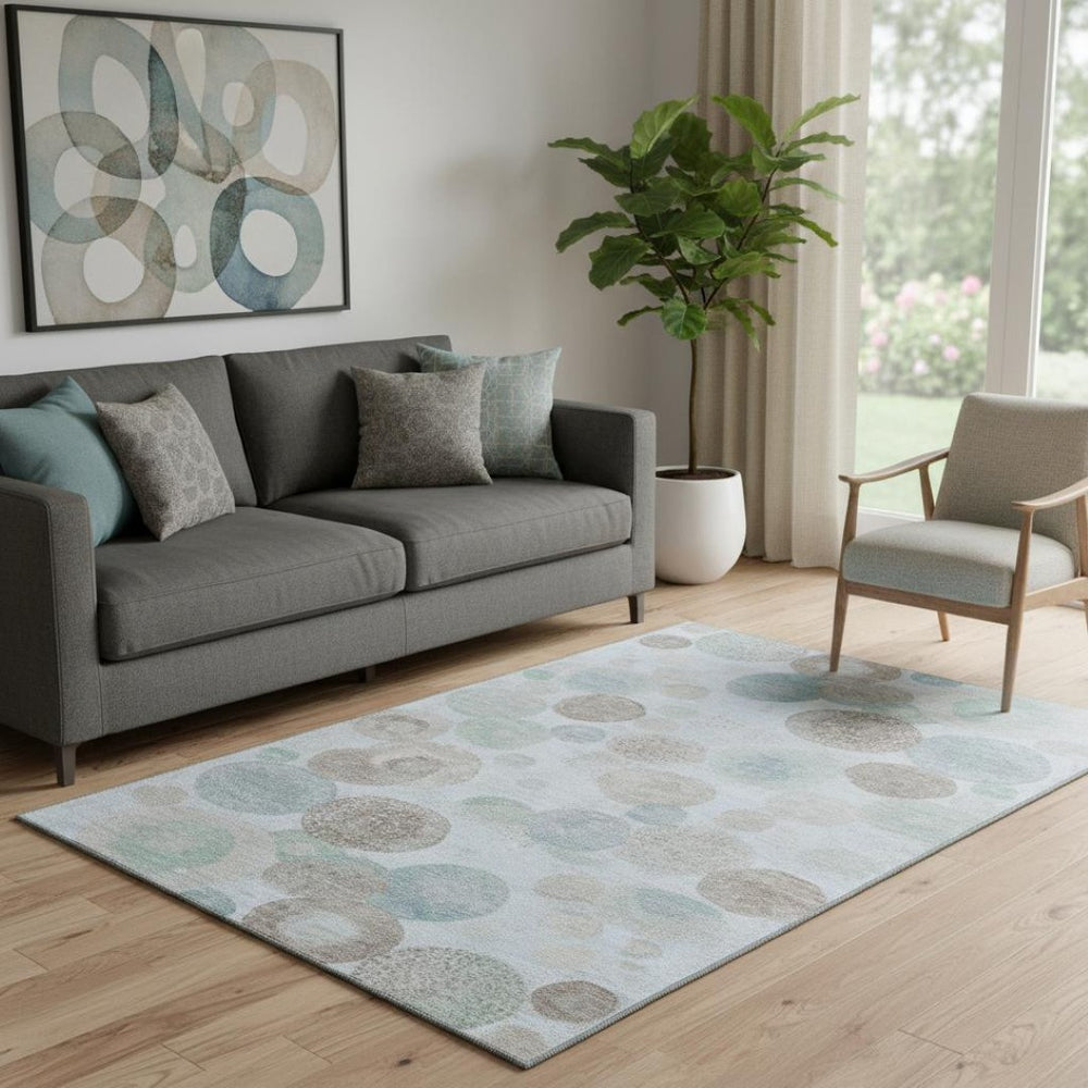 HomeRoots 8' Stylish Sky Blue, Beige & Brown Geometric Washable Round Rug - UV Protected, Pet Friendly, Durable 707332