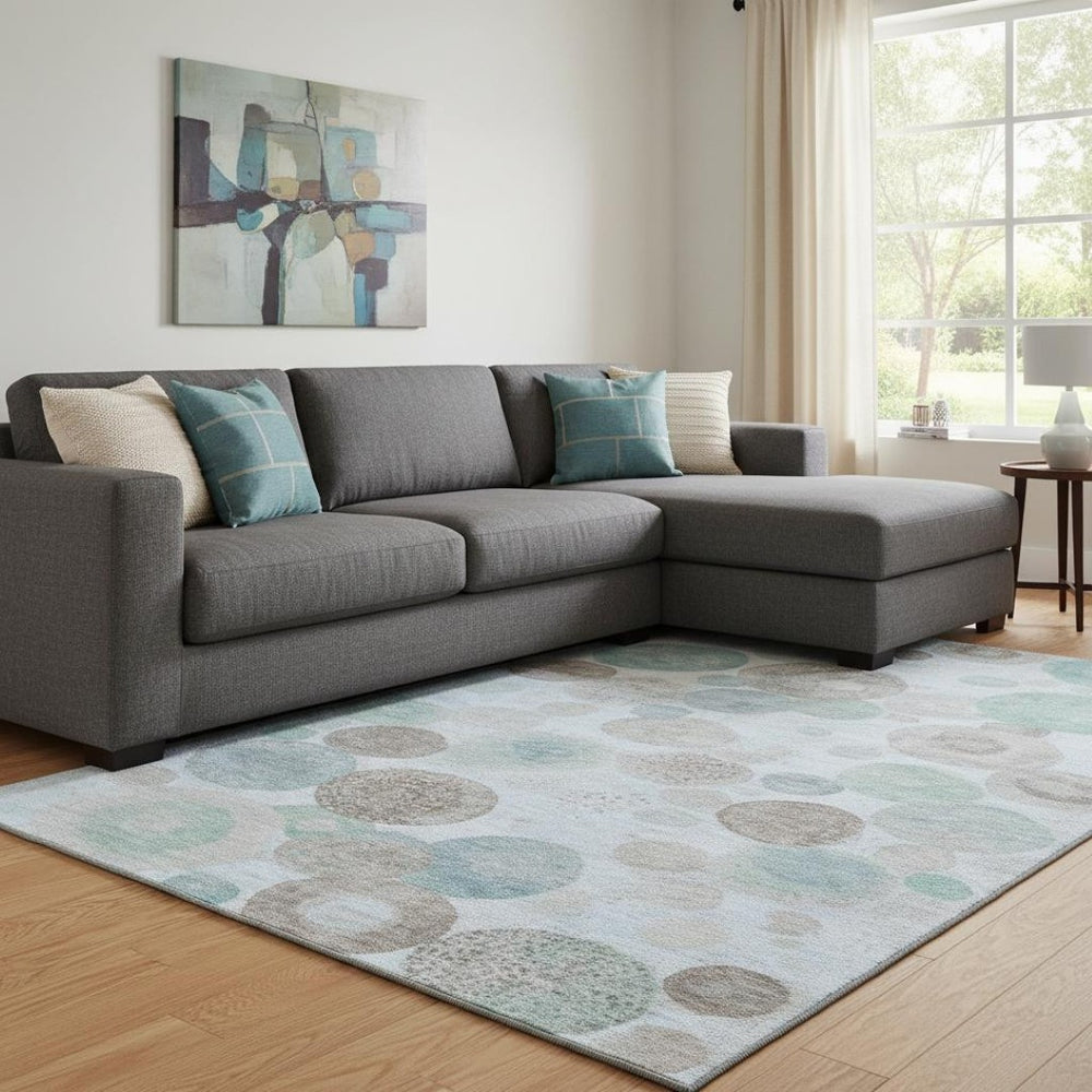 HomeRoots 9' X 12' Modern Geometric Washable Area Rug in Sky Blue, Beige & Brown – UV Protected & Durable! 707334