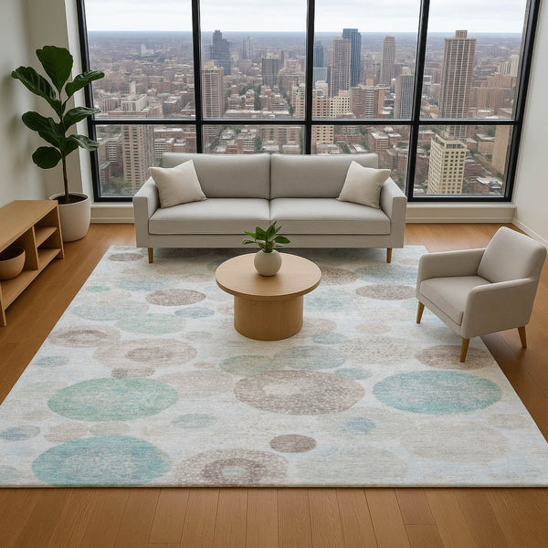 HomeRoots 10' Sky Blue, Beige & Brown Geometric Washable Area Rug - UV Resistant, Perfect for High-Traffic Spaces! 707335