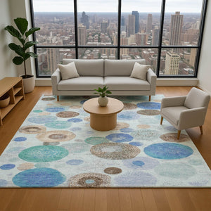 HomeRoots 5' X 8' Teal Brown & Blue Geometric Area Rug - Stain-Resistant, UV Protected & Durable Design 707337