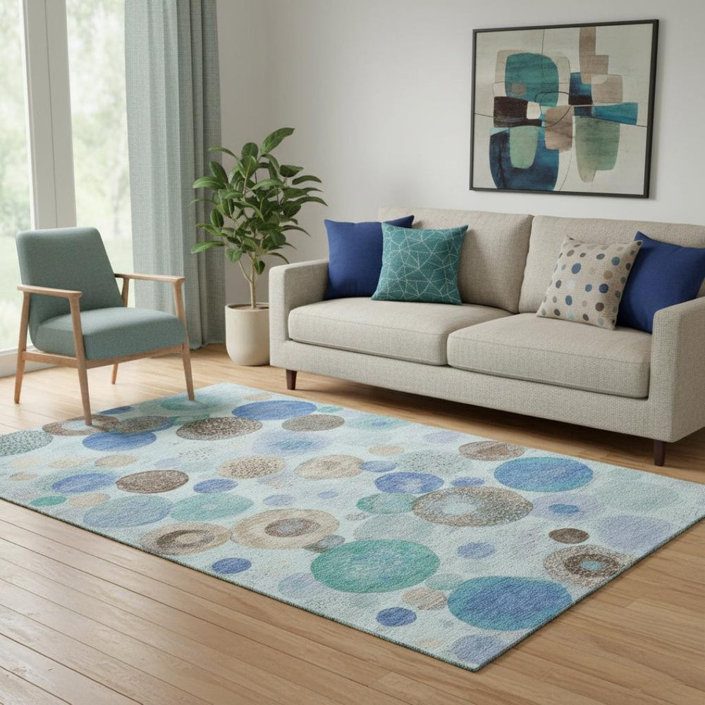 HomeRoots 8' Teal Brown and Blue Geometric Round Rug - Washable, UV Protected, Kid & Pet Friendly Accent Decor 707338
