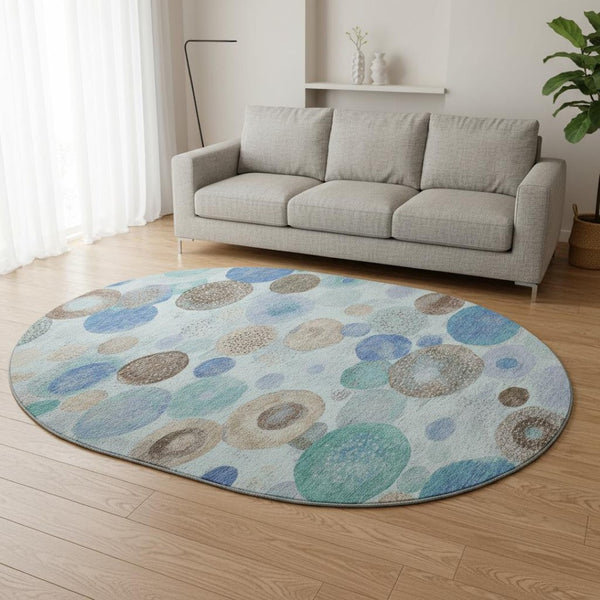 HomeRoots 8' X 10' Geometric Area Rug in Teal, Brown & Blue – Washable, UV-Protected & Non-Slip for Easy Care 707339