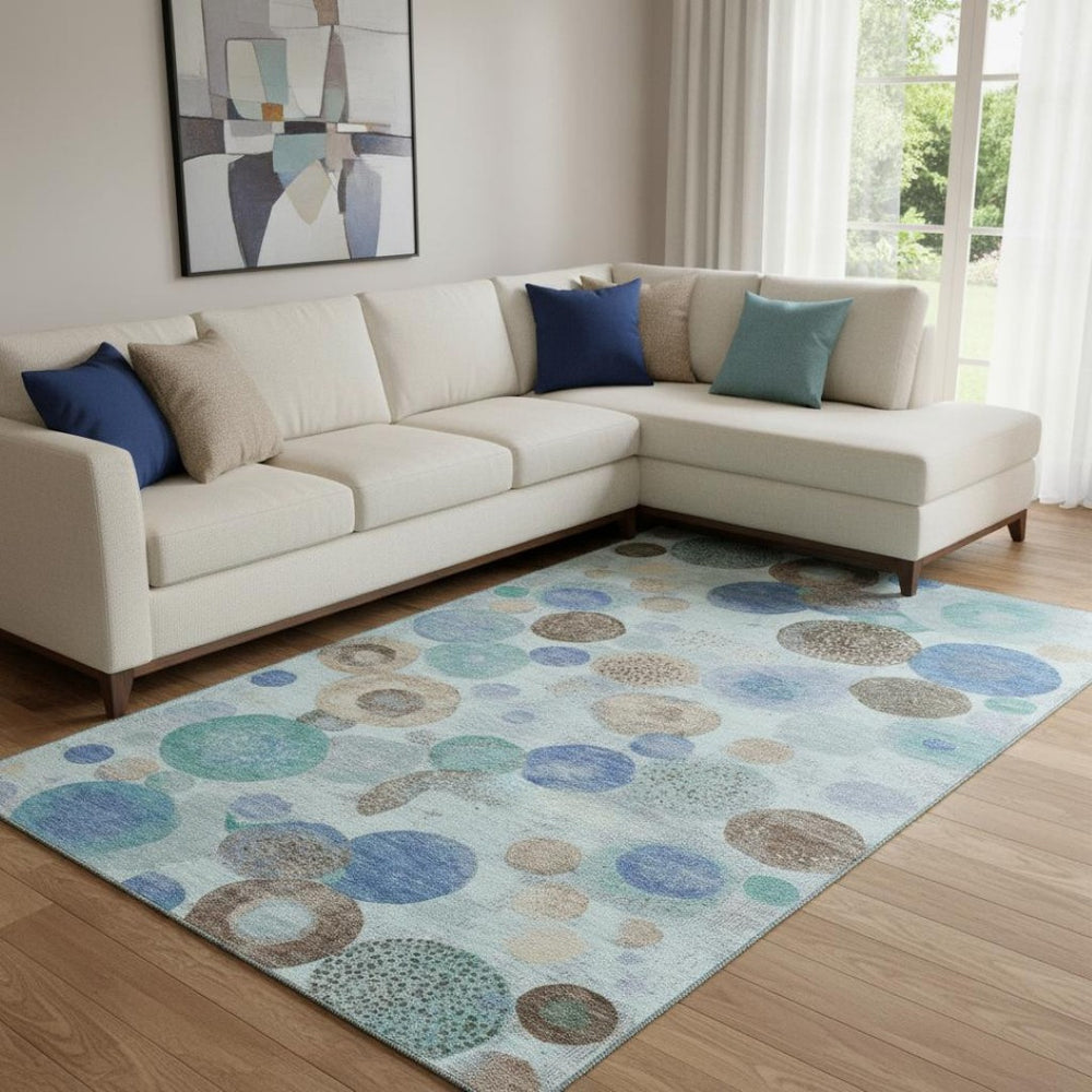 HomeRoots 9' X 12' Geometric Teal Brown Blue Area Rug - Washable, UV-Protected, Non-Slip, Stylish & Durable! 707340