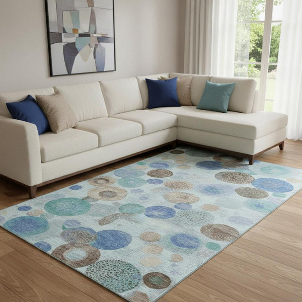HomeRoots 9' X 12' Geometric Teal Brown Blue Area Rug - Washable, UV-Protected, Non-Slip, Stylish & Durable! 707340
