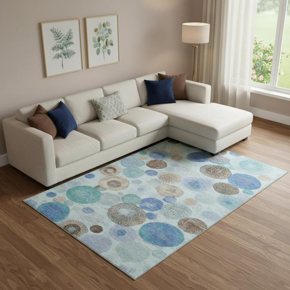 HomeRoots 10' X 14' Teal Brown Blue Geometric Area Rug - Washable, UV Protected, Non-Slip for Busy Homes 707341
