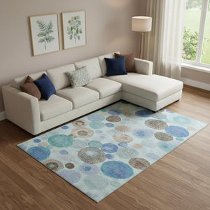 HomeRoots 10' X 14' Teal Brown Blue Geometric Area Rug - Washable, UV Protected, Non-Slip for Busy Homes 707341