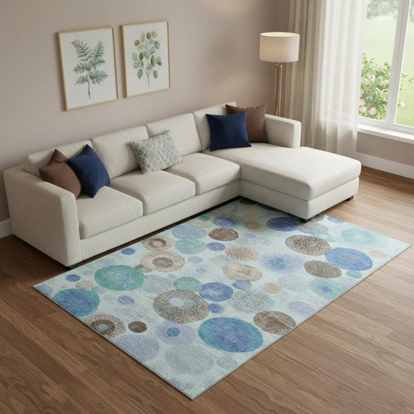 HomeRoots 10' X 14' Teal Brown Blue Geometric Area Rug - Washable, UV Protected, Non-Slip for Busy Homes 707341